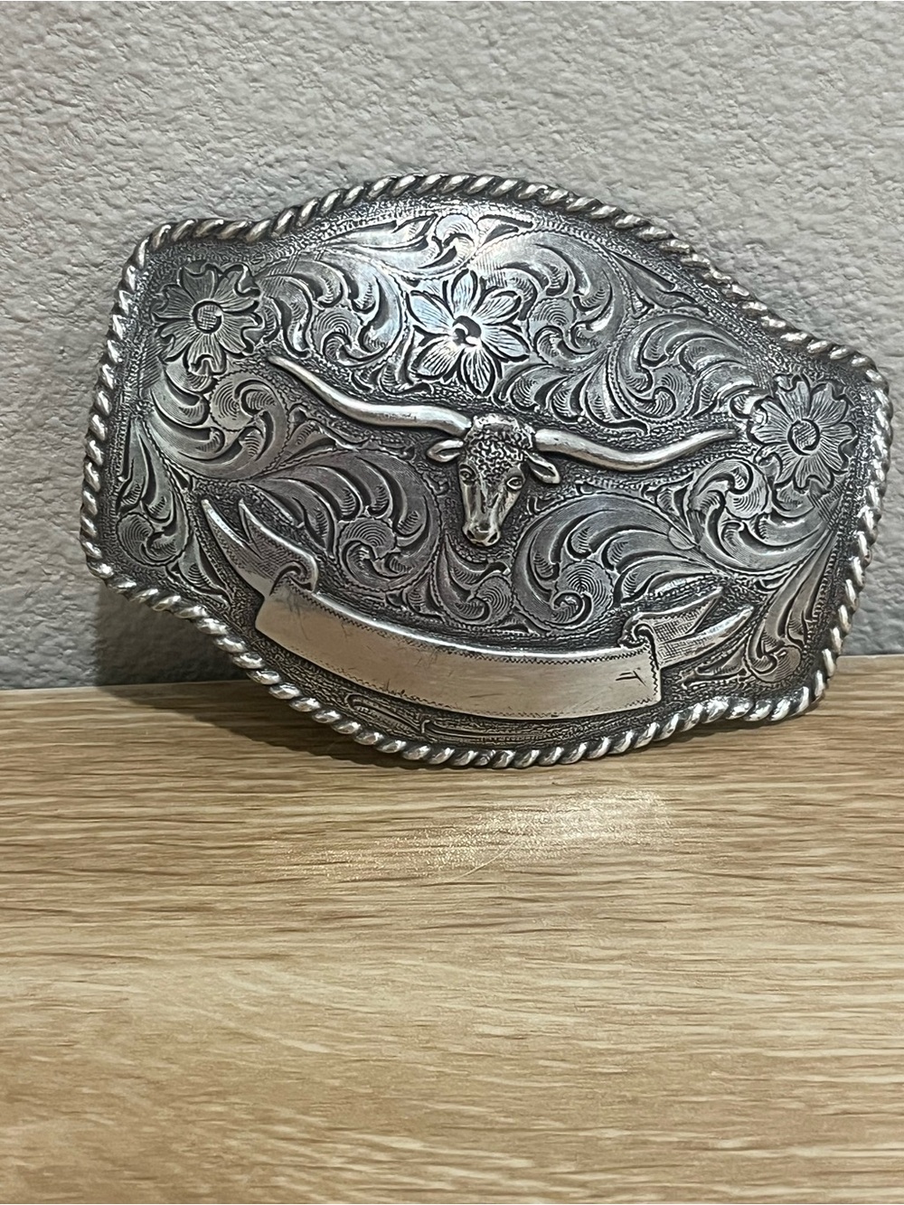 High Quality Western Longhorn Belt Buckle Floral Engraving Bull Head Rope Border